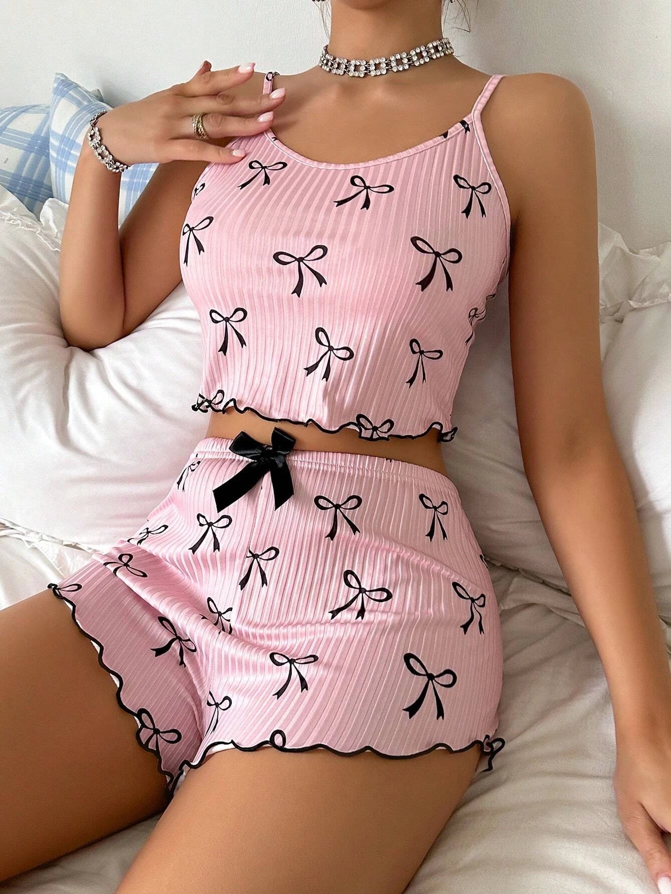 Pink Sleepwear Women's Summer Pajama Set Cute Bowknot Print Sexy Ribbed Bow Decor Round Neck Backless Crop Cami Top & Shorts