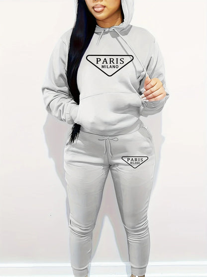 Women's autumn and winter fashion casual hip-hop street Paris MILANO pattern printed warm hooded sweatshirt+sports pants set