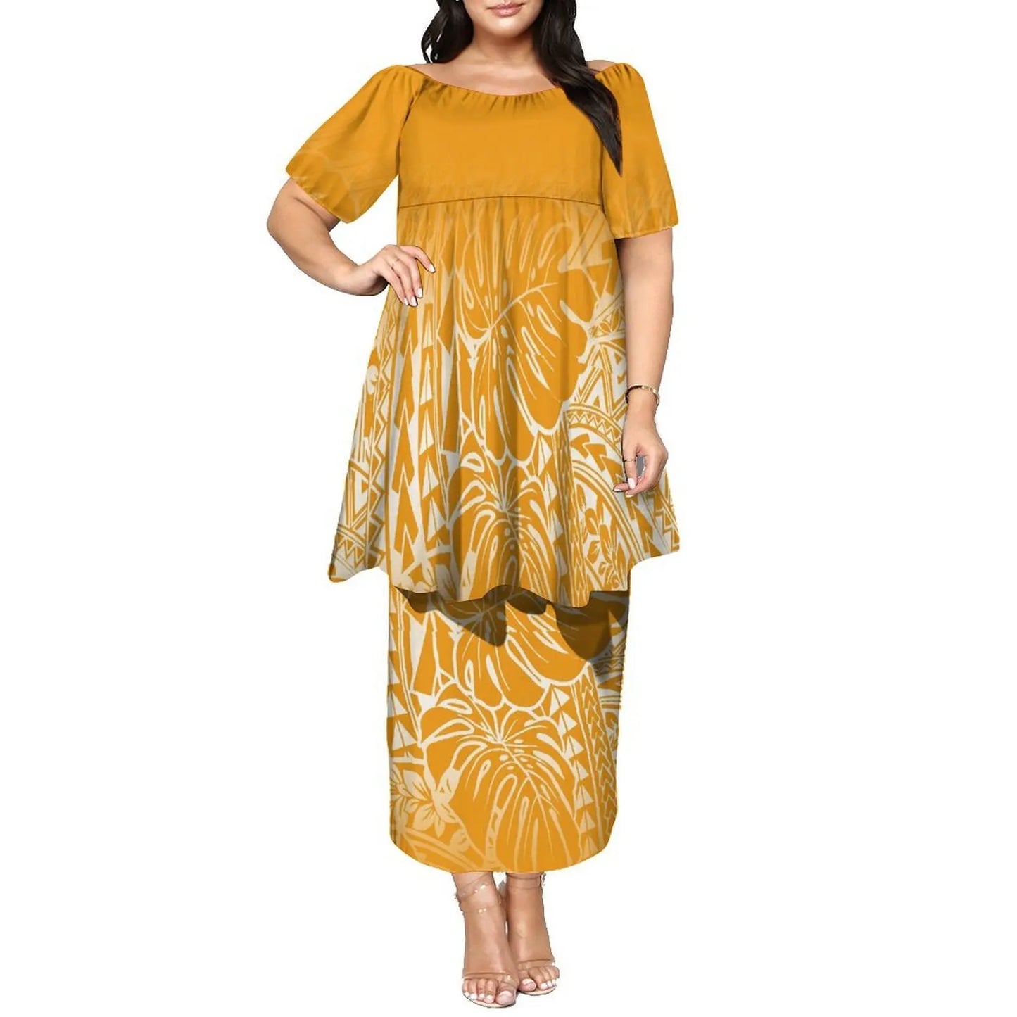 Newly Designed Women'S Round-Neck Top And Fitted Long Dress Polynesian Island-Style Pattern Pacific Puletasi Suit