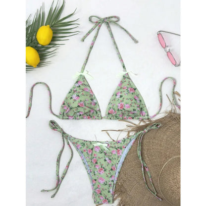 Sexy Triangular Print Bikini Two-Piece Swimsuit with Bow Tie Strap Polyester Fabric Floral Pattern Small Fresh Style for Women