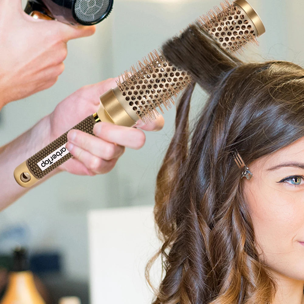 4 Sizes Of Curly Hair Comb Round Hair Comb Wild Boar Mane Hot Air Curly Hair Comb Gold Aluminum Tube Hairdressing Styling Comb