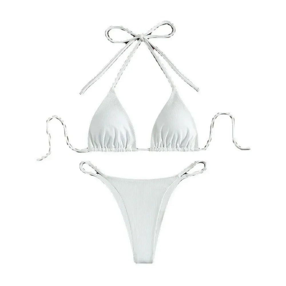 Sexy Women Thong Solid Color Bikini Set Side Halter Tie Swimsuit Ladies Split Strap Adjustable Brazilian Swimwear Beachwear