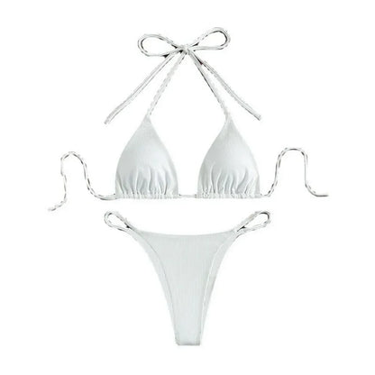 Sexy Women Thong Solid Color Bikini Set Side Halter Tie Swimsuit Ladies Split Strap Adjustable Brazilian Swimwear Beachwear