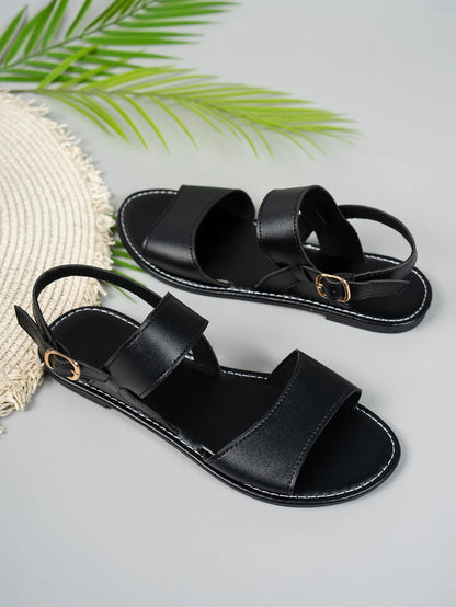 Solid-color flat sandals that are convenient and comfortable, featuring a stylish, versatile round toe with a sporty vibe.