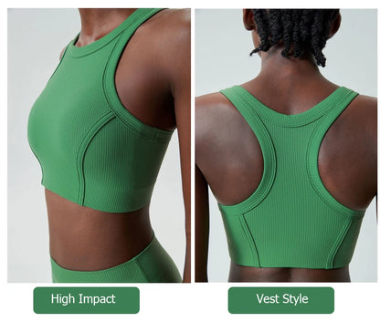 High Impact Fitness Yoga Bra Super Stretch Round Neck Gym Crop Top Ribbed Fabric Sleeveless Running Vest Female Sportswear