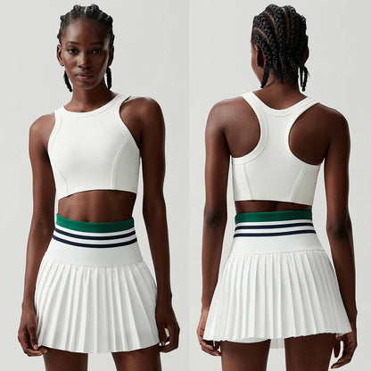 Women Short Sportswear Two Pieces Fitness Yoga Set High Waist Tennis Skirt Crop Top Gym Suit Female Breathable Sportswear