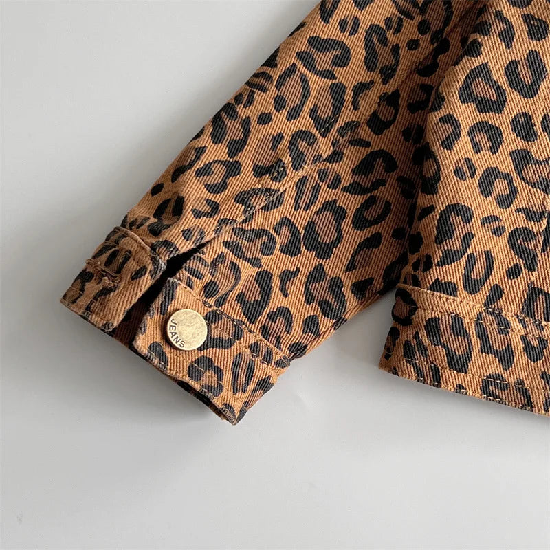 Coat Childrens Clothing Children Leopard Print Loose Tide Cowboy Tops Turn Down Collar Fashion 2024 Japanese Cool