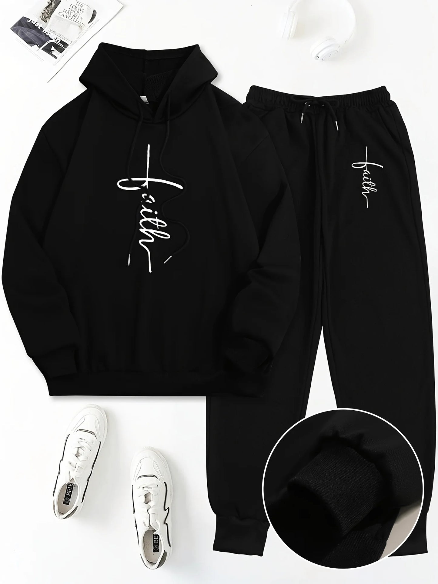Women's Autumn/Winter Hoodie+Sports Pants Set Hip Hop Street Casual Faith Cross Printed Fashion Velvet Warm Clothing