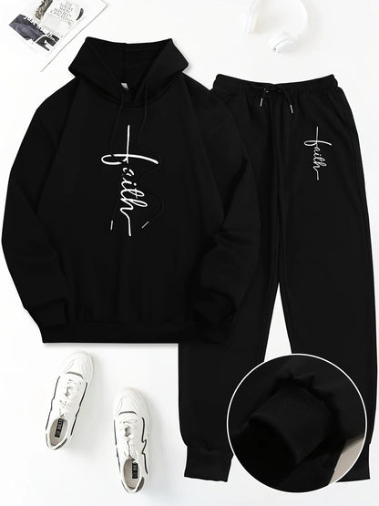 Women's Autumn/Winter Hoodie+Sports Pants Set Hip Hop Street Casual Faith Cross Printed Fashion Velvet Warm Clothing