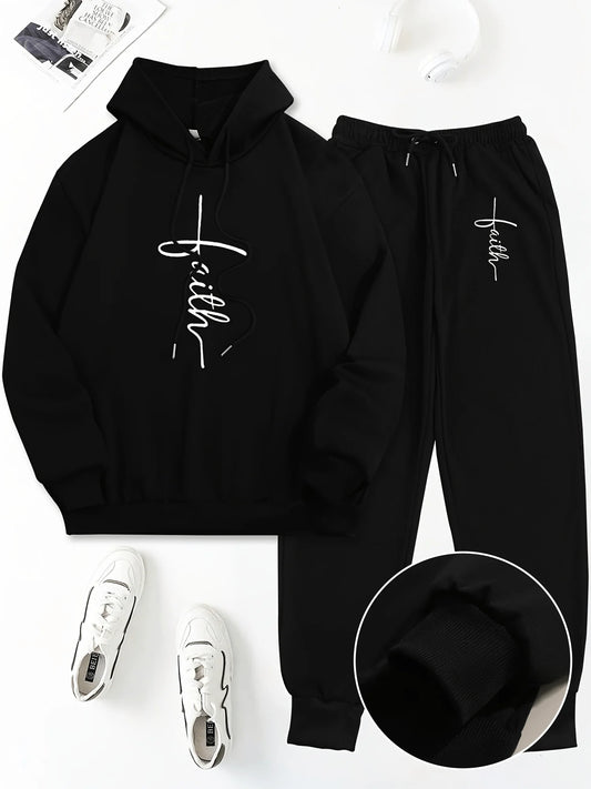 Women's Autumn/Winter Hoodie+Sports Pants Set Hip Hop Street Casual Faith Cross Printed Fashion Velvet Warm Clothing