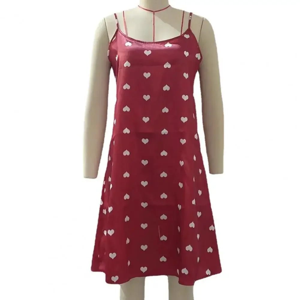 Sexy Women Nightdress Heart Print Pullover Comfortable Satin Smooth Surface Women Nightwear Sleeping Sleepwear