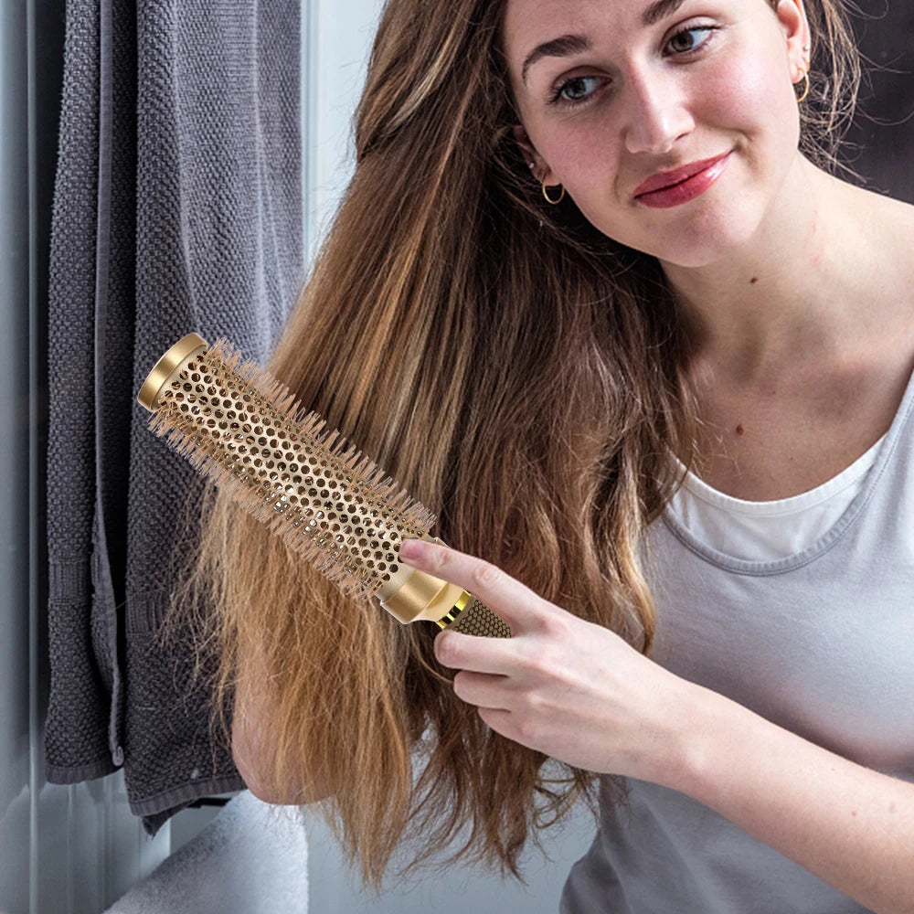 4 Sizes Of Curly Hair Comb Round Hair Comb Wild Boar Mane Hot Air Curly Hair Comb Gold Aluminum Tube Hairdressing Styling Comb