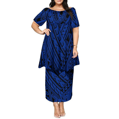Newly Designed Women'S Round-Neck Top And Fitted Long Dress Polynesian Island-Style Pattern Pacific Puletasi Suit