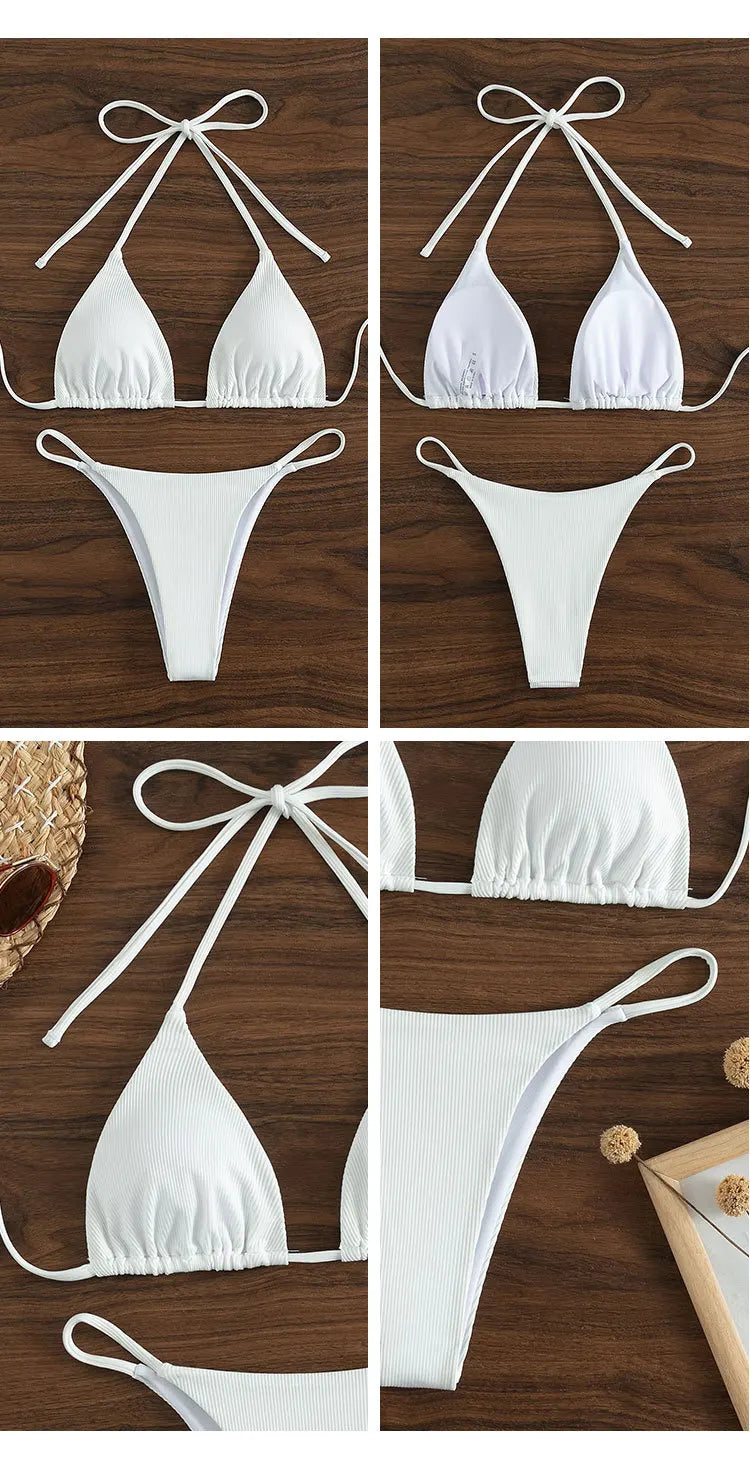 Sexy Women Thong Solid Color Bikini Set Side Halter Tie Swimsuit Ladies Split Strap Adjustable Brazilian Swimwear Beachwear