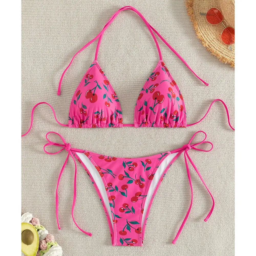 Women's Cherry Print Two Piece Swimsuit Sexy Triangle Bra Mini Bikini Set Suspender Halter Backless Beach Vacation Swimwear 2025