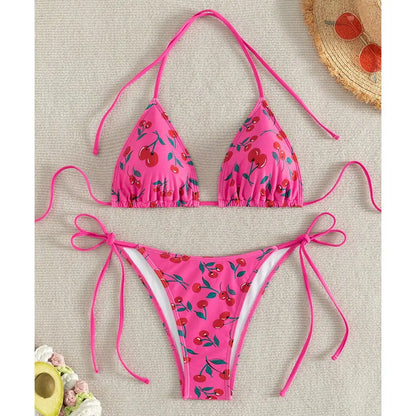 Women's Cherry Print Two Piece Swimsuit Sexy Triangle Bra Mini Bikini Set Suspender Halter Backless Beach Vacation Swimwear 2025