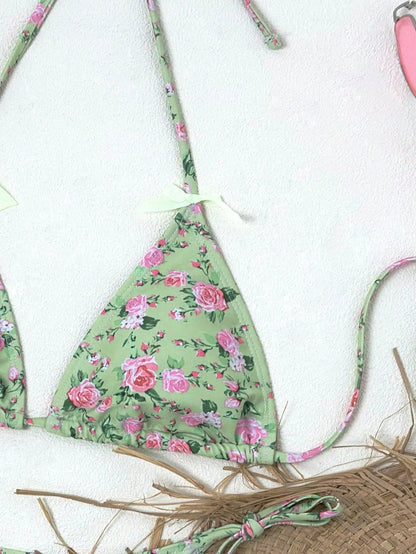Sexy Triangular Print Bikini Two-Piece Swimsuit with Bow Tie Strap Polyester Fabric Floral Pattern Small Fresh Style for Women