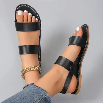 Women Flat Sandals 2023 Leather Cross Strap Rome Style High Quality Summer Ladies Shoes  Buckle Strap