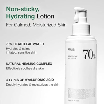 Anua Heartleaf 70 Lotion, Face Moisturizer with Hyaluronic Acid for Sensitive Skin, Lightweight, Korean Skin Care