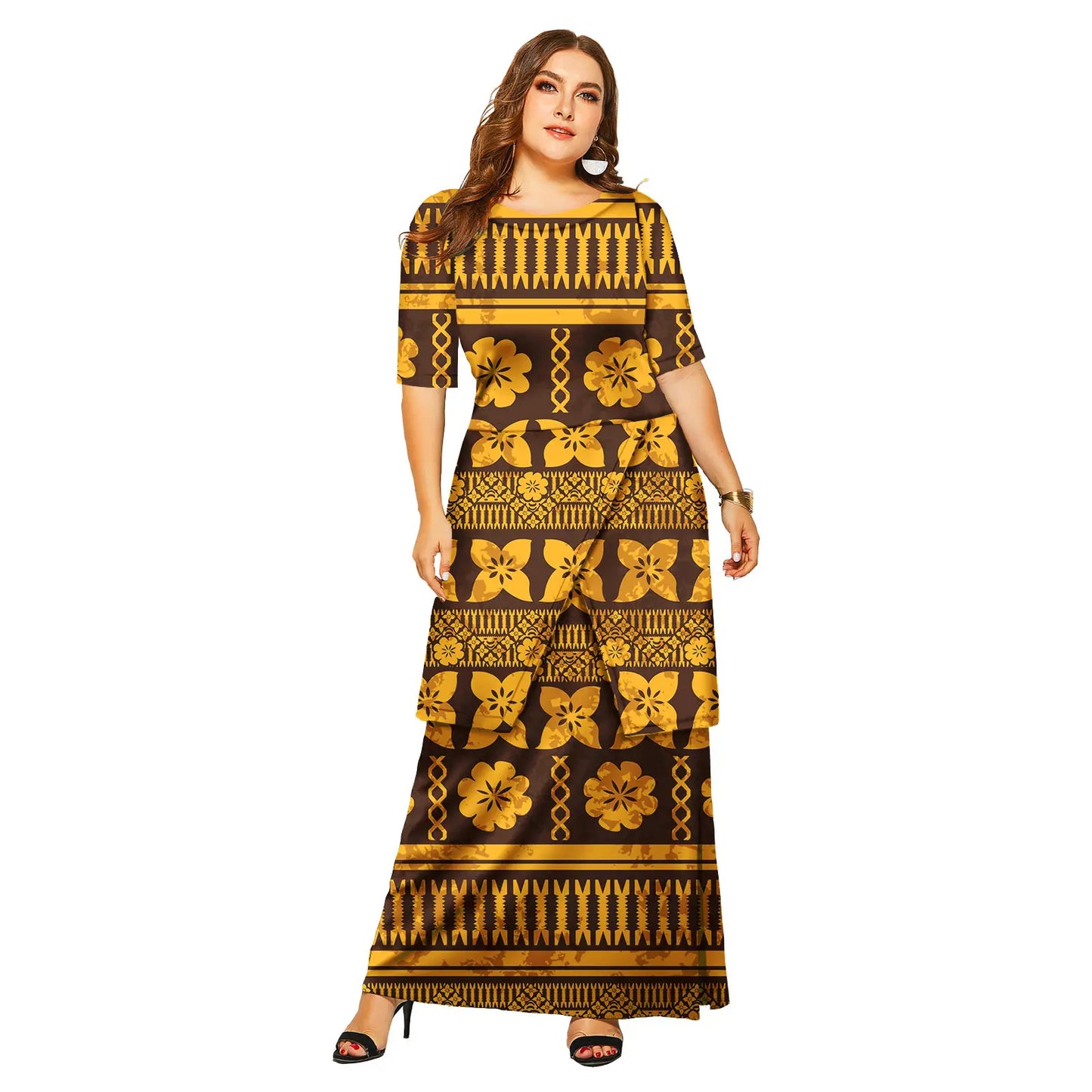 Luxury Polynesian Design Puletasi Samoa Fashion Short Sleeve Dress Women Island Dresses Maxi Ladies Two Piece Skirt Set