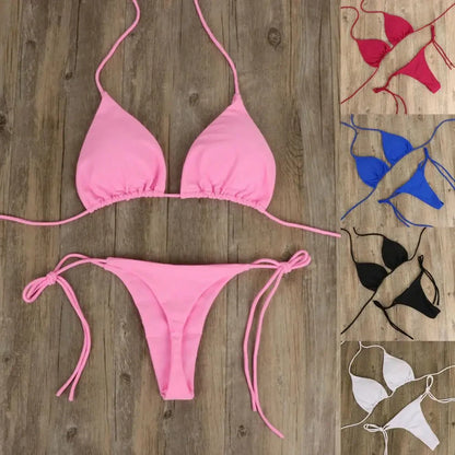2025 Sexy Halter Solid color Bikini Set Women's Swimsuit Two-piece Triangle Thong Swimwear Bathing Suit for Beach Biquinis