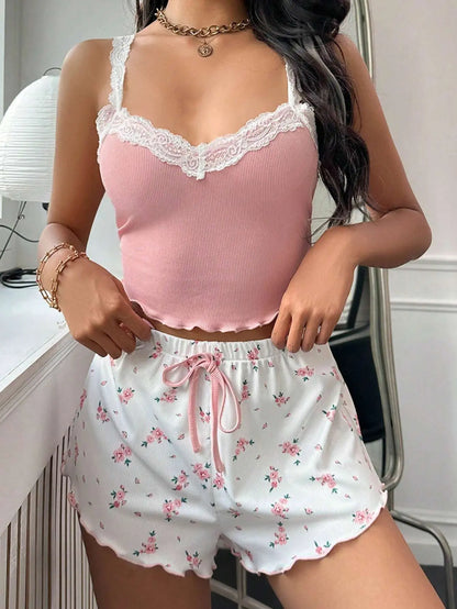 Pajamas Suit Women 2 Piece Sets Camisole Shorts Loungewear Lace Flower Print Sling Top Short Pants Outfits Summer Sleepwear