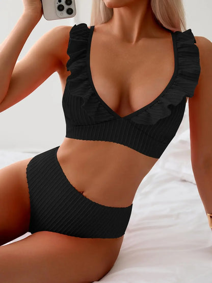 Vintage Ruffles Bikini Set Women Sexy Black V Neck Push Up Ribbed High Waist Swimwear 2025 Beach Bathing Suit Two Piece Swimsuit