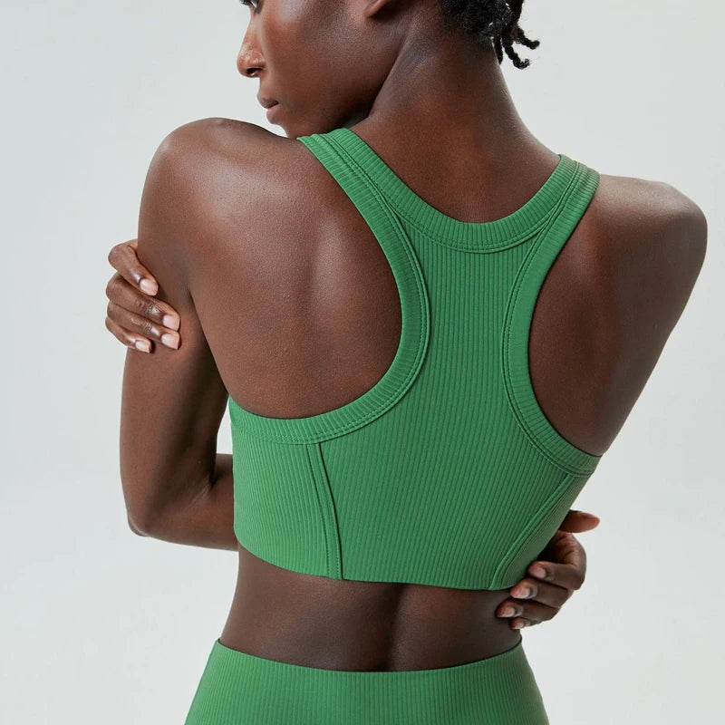 High Impact Fitness Yoga Bra Super Stretch Round Neck Gym Crop Top Ribbed Fabric Sleeveless Running Vest Female Sportswear