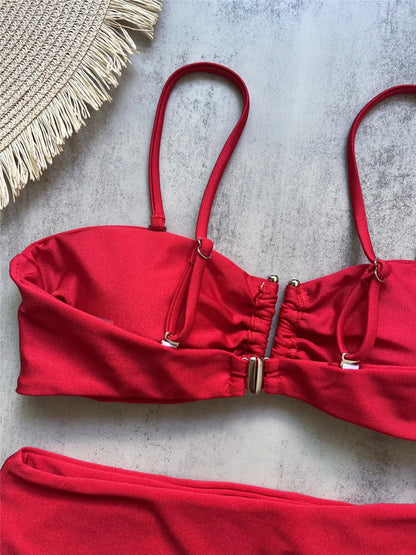 Brown Shiny U Shaped Bikini High Waist Sexy Swimsuit Women 2025 Wrinkled Solid Swimwears Bathing Suit Bandeau Bikinis Sets Mujer