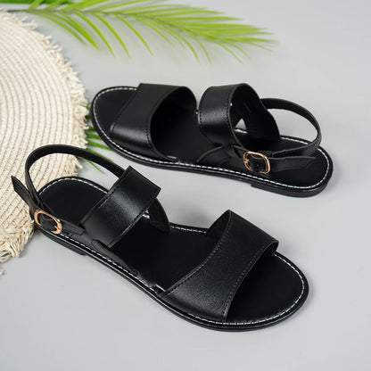 Solid-color flat sandals that are convenient and comfortable, featuring a stylish, versatile round toe with a sporty vibe.
