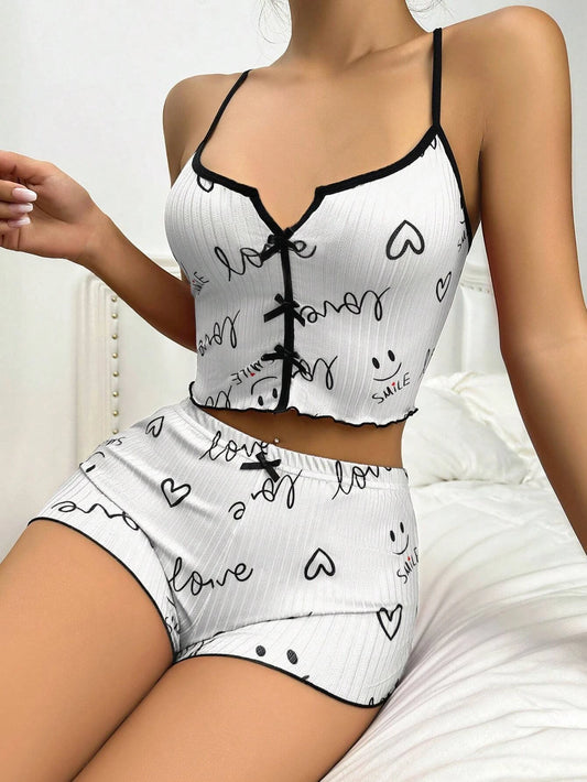 Summer Women's Pajama Set Striped Knit Smiley Print V-Neck Vest & Elastic Shorts 2-Piece Comfortable Sleepwear ﻿