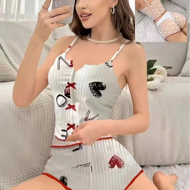 Sexy Pajamas  Lace See-through Set, Long Pants and Women's Halter Shorts 2-piece Set for Home Wear  Pajamas for Women  sexy bras
