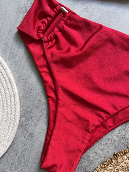 Brown Shiny U Shaped Bikini High Waist Sexy Swimsuit Women 2025 Wrinkled Solid Swimwears Bathing Suit Bandeau Bikinis Sets Mujer