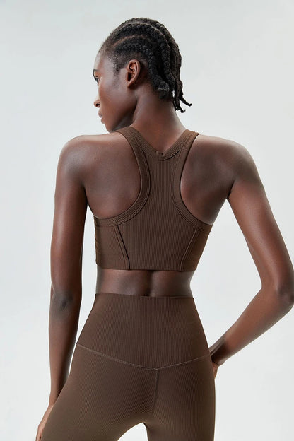 High Impact Fitness Yoga Bra Super Stretch Round Neck Gym Crop Top Ribbed Fabric Sleeveless Running Vest Female Sportswear