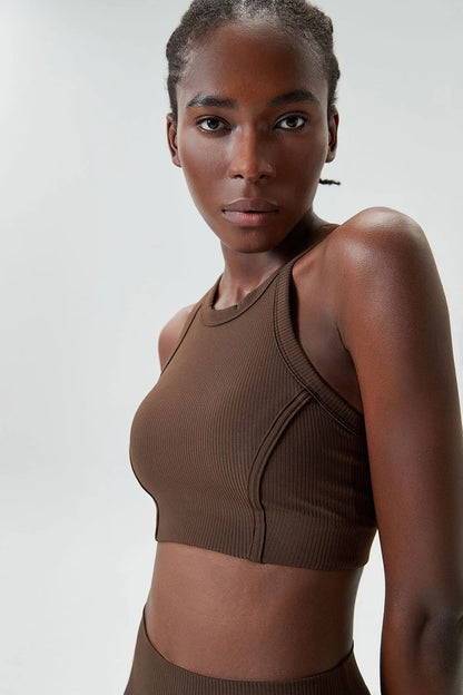 High Impact Fitness Yoga Bra Super Stretch Round Neck Gym Crop Top Ribbed Fabric Sleeveless Running Vest Female Sportswear