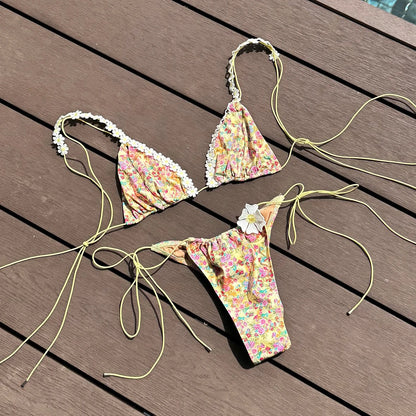 2025 Bandeau Biquini Women Sexy Bikini Push Up Swimsuit Female Swimwear Floral Printed Swim Suit Halter Bathingsuit Beachwear