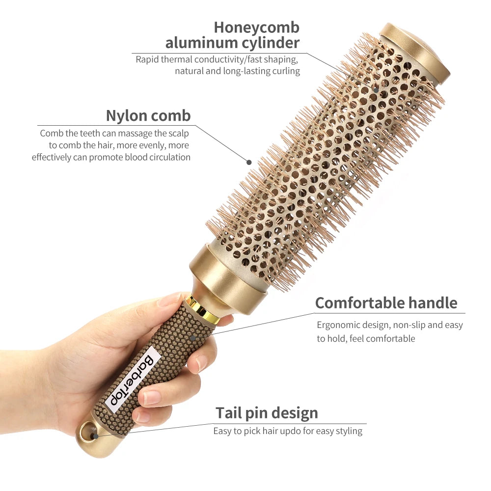 4 Sizes Of Curly Hair Comb Round Hair Comb Wild Boar Mane Hot Air Curly Hair Comb Gold Aluminum Tube Hairdressing Styling Comb