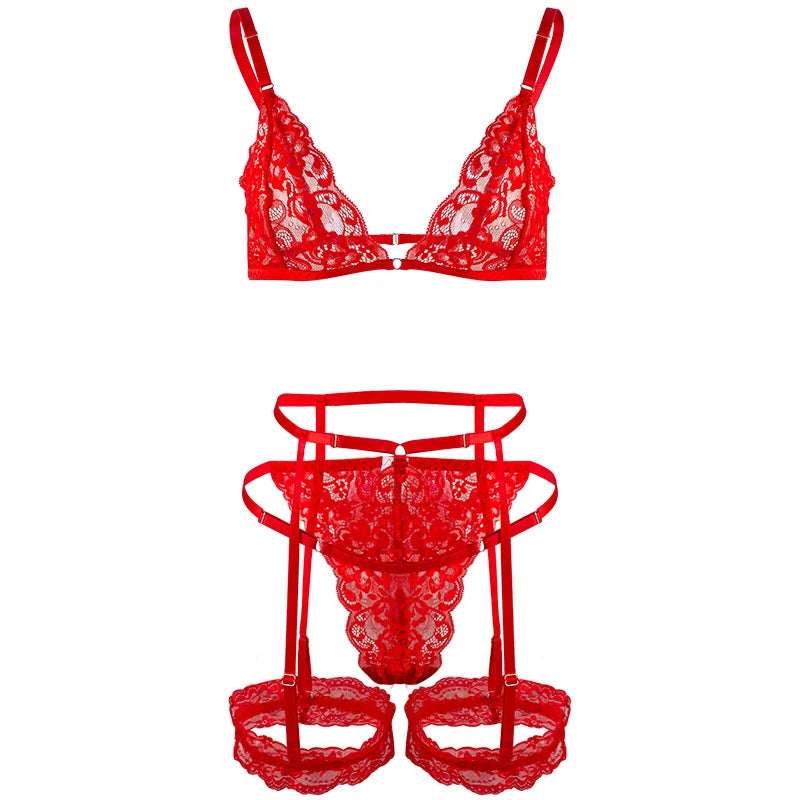Sexy Lingerie Gather Bra Thin Section Women's Underwear Female Body Suit Crushed Lace Sexy Plus Size Erotic Clothing 3-piece Set
