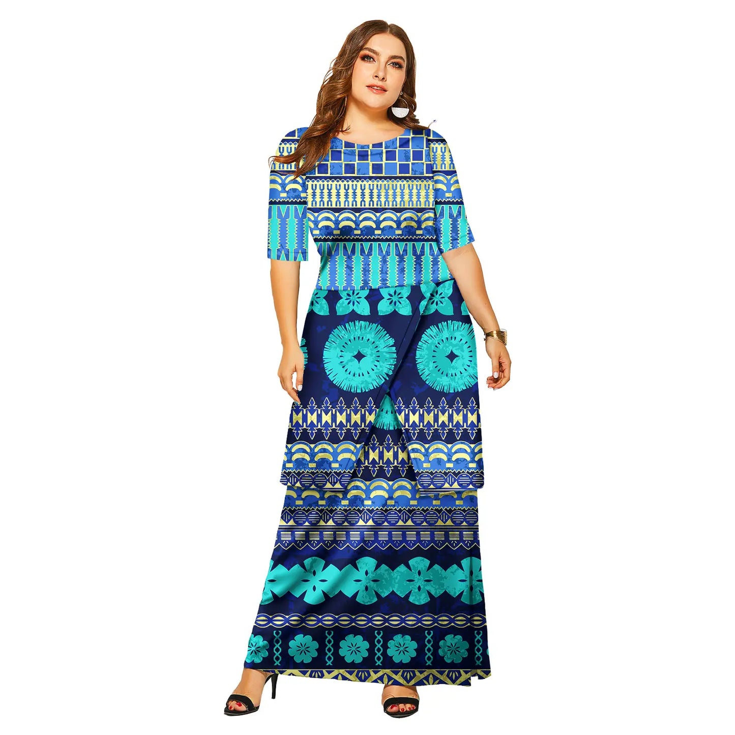 Luxury Polynesian Design Puletasi Samoa Fashion Short Sleeve Dress Women Island Dresses Maxi Ladies Two Piece Skirt Set