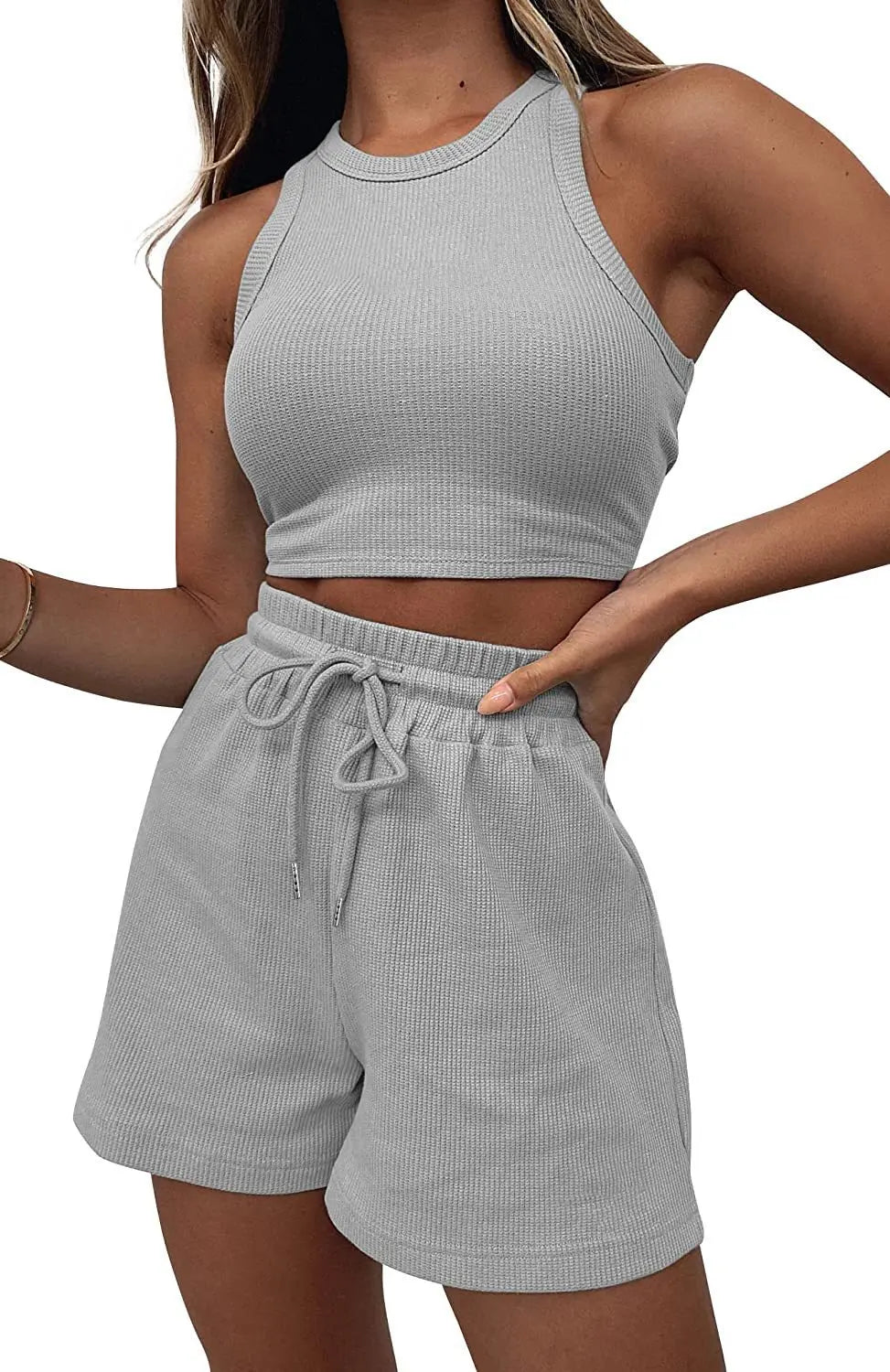 2025 Summer Two Piece Set Women New Fashion Casual Beach Lace Up Elastic Waist Solid Color Sleeveless Vest Crop Tops Short Sets