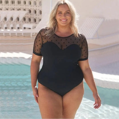 Women's Swimsuit Plus Size One-piece Female Fused Mesh Short Sleeve Beachwear Black Swimwear for Big Breasts Bathing Suit
