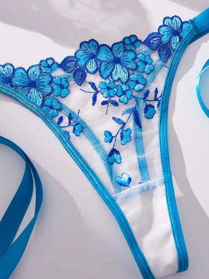 Lady Floral Embroidery Lingerie Set Women Sheer Bra and Brief Underwear Set Satin Sexy Intimates Underwear