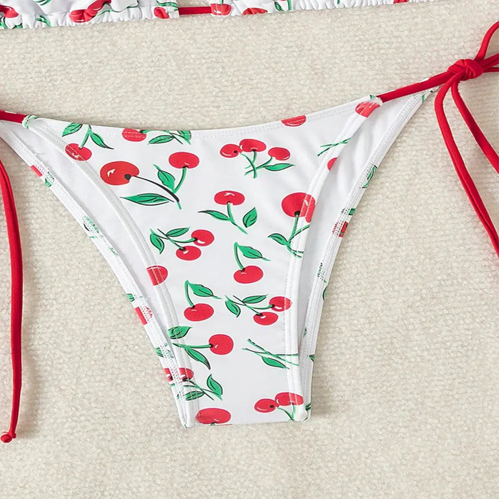 Women's Cherry Print Two Piece Swimsuit Sexy Triangle Bra Mini Bikini Set Suspender Halter Backless Beach Vacation Swimwear 2025