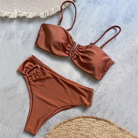 Brown Shiny U Shaped Bikini High Waist Sexy Swimsuit Women 2025 Wrinkled Solid Swimwears Bathing Suit Bandeau Bikinis Sets Mujer