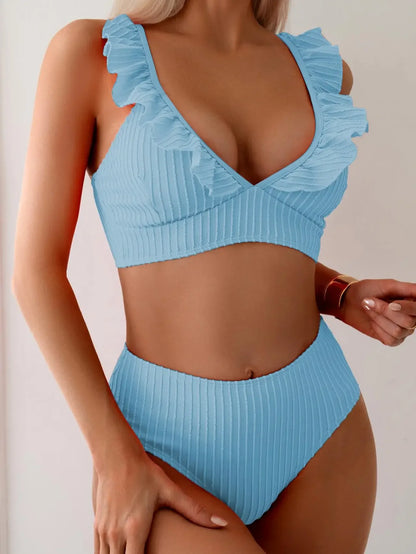 Vintage Ruffles Bikini Set Women Sexy Black V Neck Push Up Ribbed High Waist Swimwear 2025 Beach Bathing Suit Two Piece Swimsuit