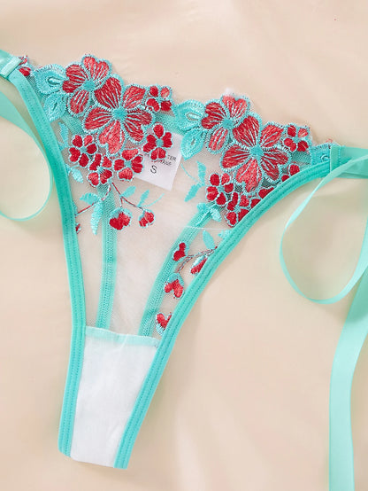 Conjunto de lencería con bordado Floral para mujer, sujetador transparente y ropa interior breve, ropa interior íntima Sexy de s