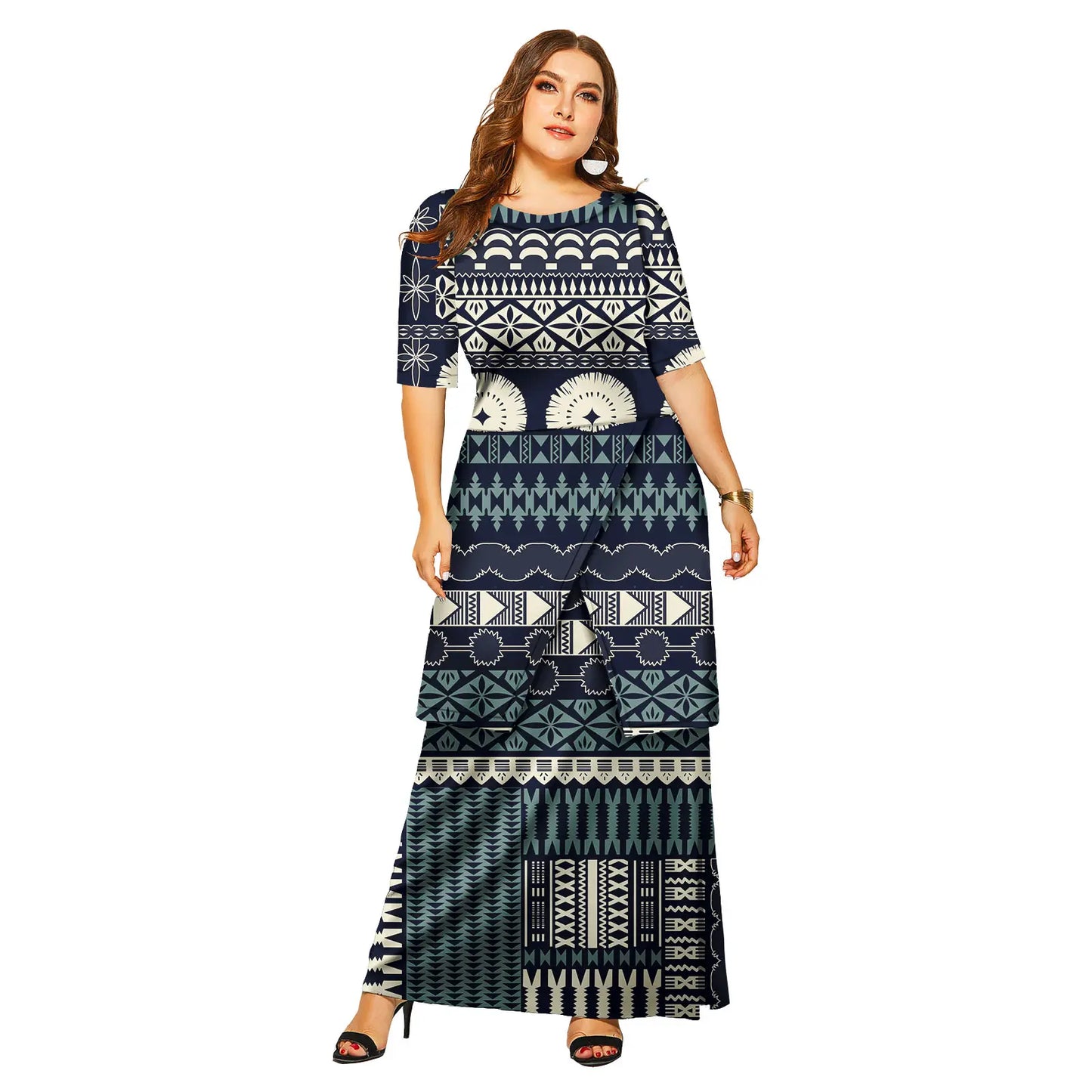 Luxury Polynesian Design Puletasi Samoa Fashion Short Sleeve Dress Women Island Dresses Maxi Ladies Two Piece Skirt Set