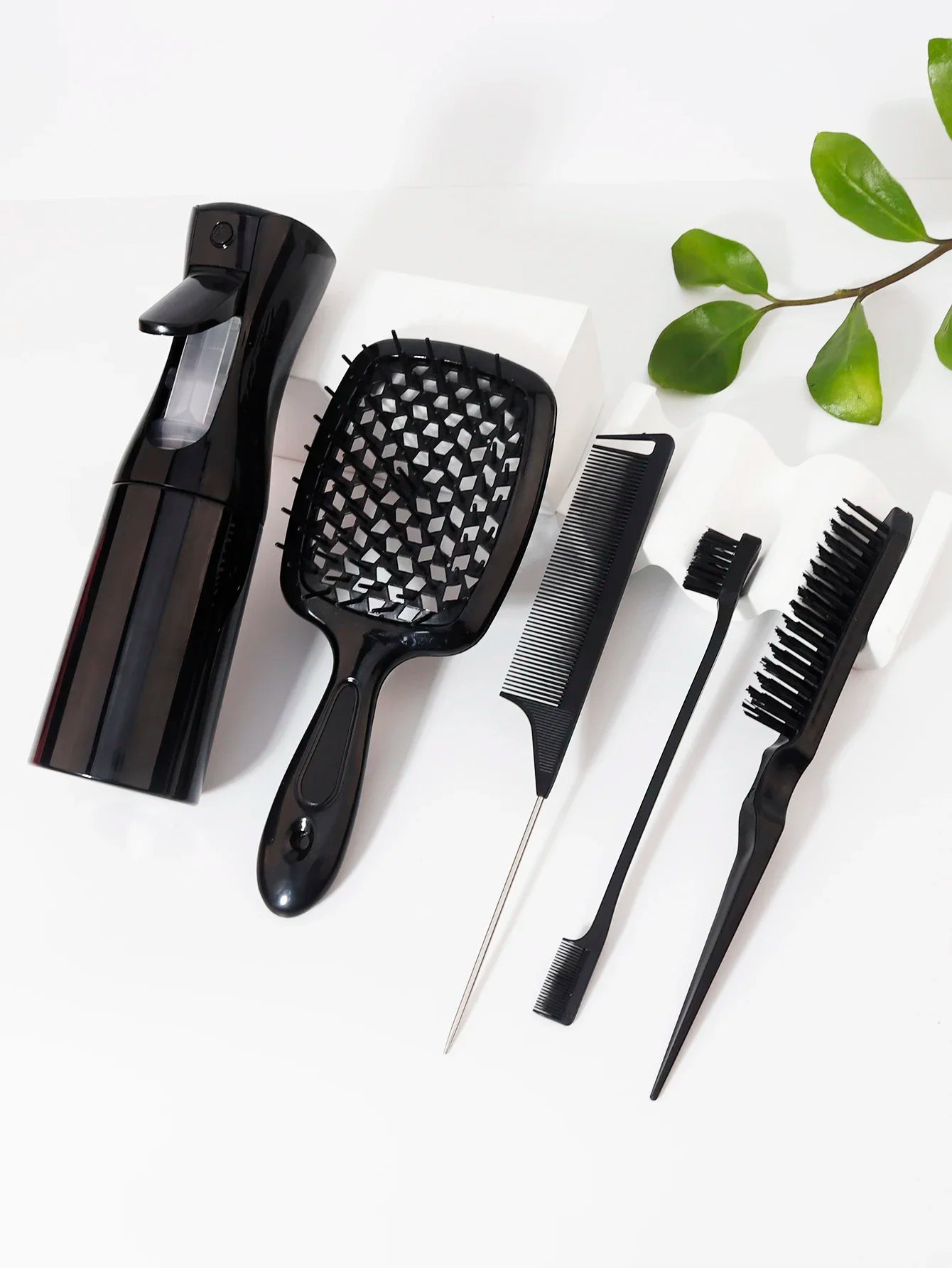 5pcs Hair Tool Set Air Cushion Hollow Comb Scalp Massage Rat Tail Comb Teasing Comb Edge Control Brush Hair Spray Bottle Salon