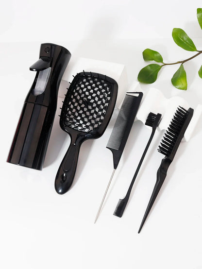 5pcs Hair Tool Set Air Cushion Hollow Comb Scalp Massage Rat Tail Comb Teasing Comb Edge Control Brush Hair Spray Bottle Salon