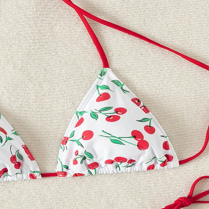 Women's Cherry Print Two Piece Swimsuit Sexy Triangle Bra Mini Bikini Set Suspender Halter Backless Beach Vacation Swimwear 2025